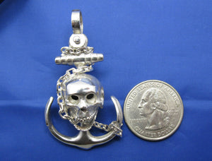 Large Sterling Silver Chain Wrapped Skull and Anchor Pendant
