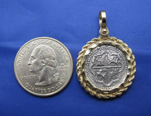 Load image into Gallery viewer, Atocha Shipwreck Coin Reproduction in Handcrafted 14k Yellow Gold Bezel with Rope and Diamond Cut Design