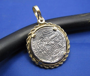 Atocha Shipwreck Coin Reproduction in Handcrafted 14k Yellow Gold Bezel with Rope and Diamond Cut Design