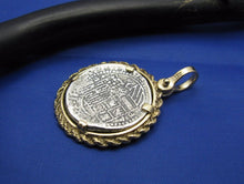 Load image into Gallery viewer, Atocha Shipwreck Coin Reproduction in Handcrafted 14k Yellow Gold Bezel with Rope and Diamond Cut Design
