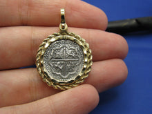 Load image into Gallery viewer, Atocha Shipwreck Coin Reproduction in Handcrafted 14k Yellow Gold Bezel with Rope and Diamond Cut Design