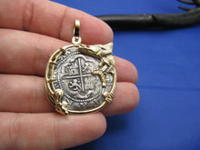 Load image into Gallery viewer, Shipwreck Coin Replica Pendant Inside Custom 14k Nautical Snook Bezel with Fishing Rod
