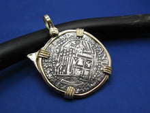 Load image into Gallery viewer, Shipwreck Coin Replica Pendant Inside Custom 14k Nautical Snook Bezel with Fishing Rod