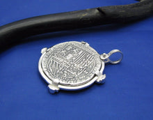 Load image into Gallery viewer, Sterling Silver Round "4 Reale" Reproduction Spanish Atocha Shipwreck Pirate Coin Pendant with Green Stone Emerald Bezel