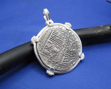 Load image into Gallery viewer, Sterling Silver Round "4 Reale" Reproduction Spanish Atocha Shipwreck Pirate Coin Pendant with Green Stone Emerald Bezel