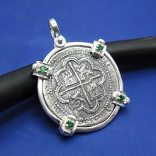 Load image into Gallery viewer, Sterling Silver Round "4 Reale" Reproduction Spanish Atocha Shipwreck Pirate Coin Pendant with Green Stone Emerald Bezel