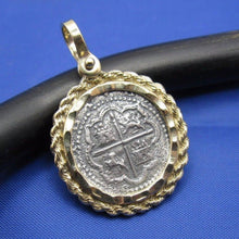 Load image into Gallery viewer, Atocha Shipwreck Coin Reproduction in Handcrafted 14k Yellow Gold Bezel with Rope and Diamond Cut Design