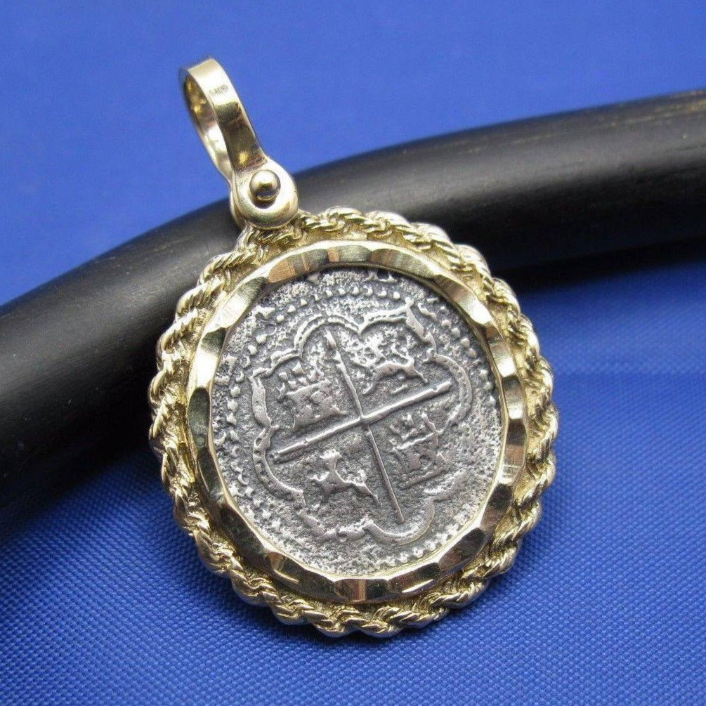 Atocha Shipwreck Coin Reproduction in Handcrafted 14k Yellow Gold Bezel with Rope and Diamond Cut Design