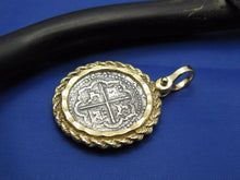 Load image into Gallery viewer, Atocha Shipwreck Coin Reproduction in Handcrafted 14k Yellow Gold Bezel with Rope and Diamond Cut Design