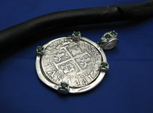 Load image into Gallery viewer, Nautical Sterling Silver Embellished Shipwreck "4 Reale" Pirate Treasure Coin Replica Pendant Necklace w/t Green Emerald Synthetic Gemstones