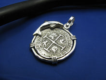 Load image into Gallery viewer, Sterling Silver Custom Nautical Dolphin Bezel with Reproduction "2 Reale" Pirate Shipwreck Coin