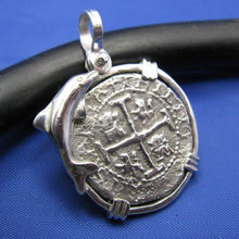 Load image into Gallery viewer, Sterling Silver Custom Nautical Dolphin Bezel with Reproduction "2 Reale" Pirate Shipwreck Coin