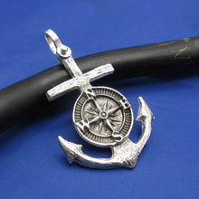 Load image into Gallery viewer, Sterling Silver Nautical Wood Anchor and Compass Pendant with Shackle Bail, Original Design by Crisol Jewelry, Unique Sea Jewelry Necklace