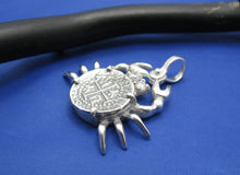 Load image into Gallery viewer, Sterling Silver Pirate Coin Replica Inside Custom Crab Bezel with Gemstone Eyes and Shackle Bail