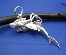 Load image into Gallery viewer, Huge Sterling Silver Men's Shark and Diver Pendant with Sapphire Eyes