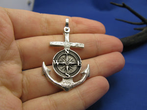 Sterling Silver Nautical Wood Anchor and Compass Pendant with Shackle Bail, Original Design by Crisol Jewelry, Unique Sea Jewelry Necklace