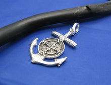 Load image into Gallery viewer, Sterling Silver Nautical Wood Anchor and Compass Pendant with Shackle Bail, Original Design by Crisol Jewelry, Unique Sea Jewelry Necklace