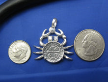 Load image into Gallery viewer, Sterling Silver Pirate Coin Replica Inside Custom Crab Bezel with Gemstone Eyes and Shackle Bail