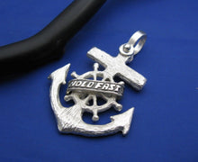 Load image into Gallery viewer, Sterling Silver Nautical Wood Ship Wheel Anchor with Word Banner Hold Fast Necklace