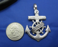 Load image into Gallery viewer, Sterling Silver Nautical Wood Ship Wheel Anchor with Word Banner Hold Fast Necklace