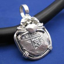 Load image into Gallery viewer, Sterling Silver Hand Bezeled "2 Reale" Shipwreck Reproduction Coin Pendant with Faded Markings and Crab