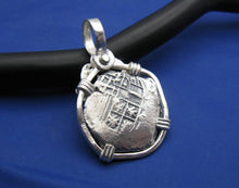 Load image into Gallery viewer, Sterling Silver Hand Bezeled "2 Reale" Shipwreck Reproduction Coin Pendant with Faded Markings and Crab