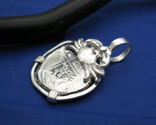 Load image into Gallery viewer, Sterling Silver Hand Bezeled "2 Reale" Shipwreck Reproduction Coin Pendant with Faded Markings and Crab