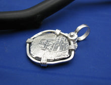 Load image into Gallery viewer, Sterling Silver Hand Bezeled "2 Reale" Shipwreck Reproduction Coin Pendant with Faded Markings and Crab