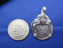 Load image into Gallery viewer, Sterling Silver Hand Bezeled "2 Reale" Shipwreck Reproduction Coin Pendant with Faded Markings and Crab