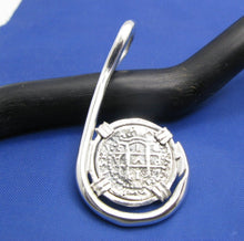 Load image into Gallery viewer, Sterling Silver Atocha Shipwreck Coin Replica inside Custom Sterling Silver Fish Hook Pendant Bezel
