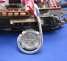 Load image into Gallery viewer, Sterling Silver Atocha Shipwreck Coin Replica inside Custom Sterling Silver Fish Hook Pendant Bezel