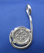 Load image into Gallery viewer, Sterling Silver Atocha Shipwreck Coin Replica inside Custom Sterling Silver Fish Hook Pendant Bezel