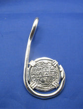 Load image into Gallery viewer, Sterling Silver Atocha Shipwreck Coin Replica inside Custom Sterling Silver Fish Hook Pendant Bezel