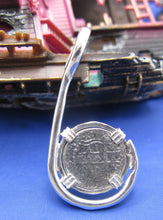 Load image into Gallery viewer, Sterling Silver Atocha Shipwreck Coin Replica inside Custom Sterling Silver Fish Hook Pendant Bezel