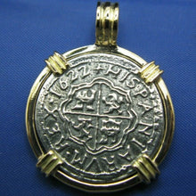 Load image into Gallery viewer, 14k Gold Replica Pirate 2 Reale Doubloon Pendant With Barrel Bail
