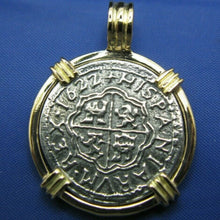 Load image into Gallery viewer, 14k Gold Replica Pirate 2 Reale Doubloon Pendant With Barrel Bail
