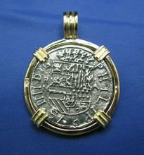 Load image into Gallery viewer, 14k Gold Replica Pirate 2 Reale Doubloon Pendant With Barrel Bail