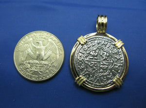 14k Gold Replica Pirate 2 Reale Doubloon Pendant With Barrel Bail
