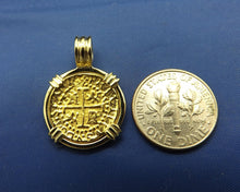 Load image into Gallery viewer, Small "1 Escudo" Quality Reproduction  24kt Solid Gold Atocha Shipwreck Coin inside 14k Yellow Gold  Bezel with Barrel Bail Nautical Pendant