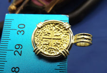 Load image into Gallery viewer, Small "1 Escudo" Quality Reproduction  24kt Solid Gold Atocha Shipwreck Coin inside 14k Yellow Gold  Bezel with Barrel Bail Nautical Pendant