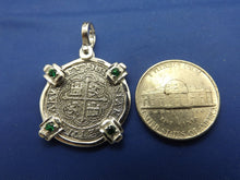 Load image into Gallery viewer, Sterling Silver 2 Reale Replica Atocha Shipwreck Pirate Coin Pendant with Emeralds