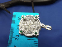 Load image into Gallery viewer, Sterling Silver 2 Reale Replica Atocha Shipwreck Pirate Coin Pendant with Emeralds