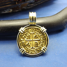 Load image into Gallery viewer, Small "1 Escudo" Quality Reproduction  24kt Solid Gold Atocha Shipwreck Coin inside 14k Yellow Gold  Bezel with Barrel Bail Nautical Pendant