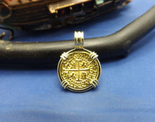 Load image into Gallery viewer, Small "1 Escudo" Quality Reproduction  24kt Solid Gold Atocha Shipwreck Coin inside 14k Yellow Gold  Bezel with Barrel Bail Nautical Pendant