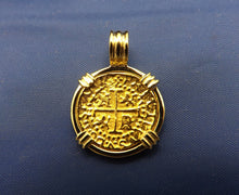 Load image into Gallery viewer, Small "1 Escudo" Quality Reproduction  24kt Solid Gold Atocha Shipwreck Coin inside 14k Yellow Gold  Bezel with Barrel Bail Nautical Pendant
