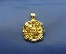 Load image into Gallery viewer, Small "1 Escudo" Quality Reproduction  24kt Solid Gold Atocha Shipwreck Coin inside 14k Yellow Gold  Bezel with Barrel Bail Nautical Pendant