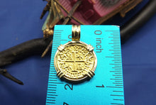 Load image into Gallery viewer, Small "1 Escudo" Quality Reproduction  24kt Solid Gold Atocha Shipwreck Coin inside 14k Yellow Gold  Bezel with Barrel Bail Nautical Pendant