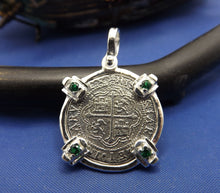 Load image into Gallery viewer, Sterling Silver 2 Reale Replica Atocha Shipwreck Pirate Coin Pendant with Emeralds