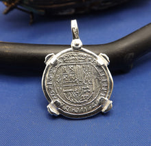 Load image into Gallery viewer, Sterling Silver 2 Reale Replica Atocha Shipwreck Pirate Coin Pendant with Emeralds