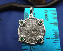 Load image into Gallery viewer, Sterling Silver 2 Reale Replica Atocha Shipwreck Pirate Coin Pendant with Emeralds